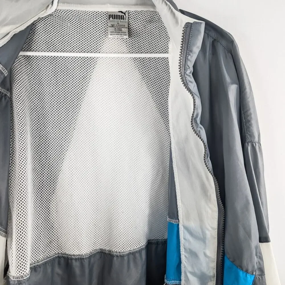 Puma XL Vintage Windbreaker Jacket Gray Blue Nylon Mesh Lined Full Zip Track
